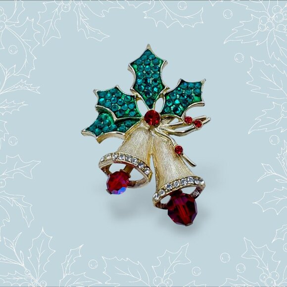 Beatrix Christmas Bells Brooch Pin Vintage Jewelry Green Holly Red Berry Sparkle - Picture 4 of 6
